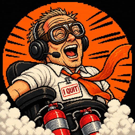 The Quit Your Job logo: a black office chair lifting off on two red fire extinguishers, inside an orange circle.